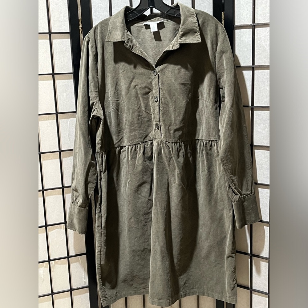 NINE WEST Olive Green Button-Up BODICE BABYDOLL Shirt WAIST Dress WOMEN SIZE XL - Picture 3 of 10